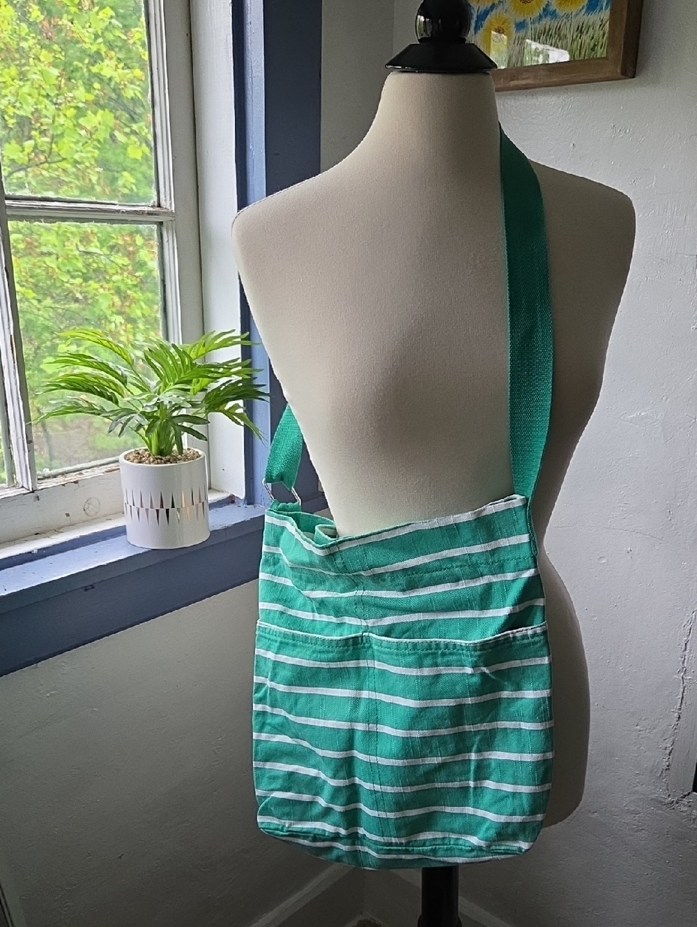 Mossimo Supply Co. Green and White, Navy Interior Cross Body Tote Bag.